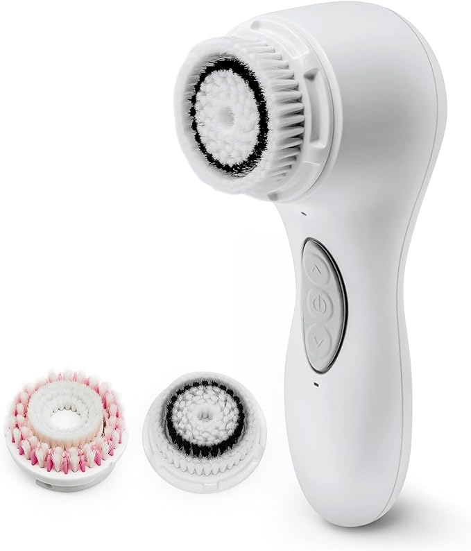Aria Sonic Facial Cleansing System with 2 Brush Heads, 3-Speed Modes, Waterproof Design - Rechargeable & Portable Electric Face Cleansing Brush for Daily Skincare (White)
