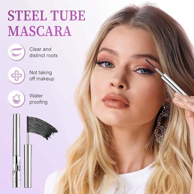 Iron Wand Mascara,Waterproof Metal Wand Mascara Tubing, 3D Curling Metal Wands Mascaras Black Washable, Long-lasting 3D Curling Eyelash, Smudge Proof & No Flaking (Black-1)