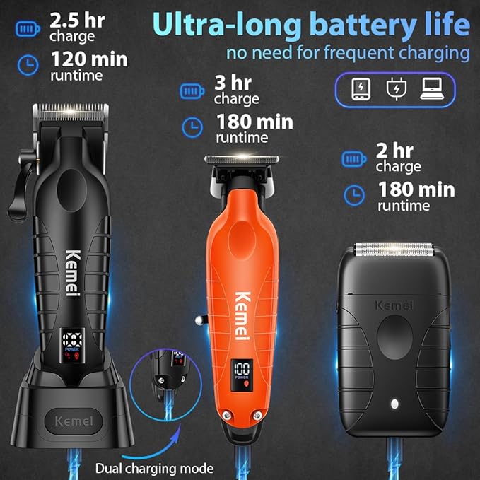 KEMEI Hair Clippers for Men Professional, Barber Clippers and Trimmers Set, Foil Shaver for Men,Cordless Hair Clippers and Barber Kit, Hair Cutting Kit, KM-2293Orange, KM-PG2290D, KM-T95