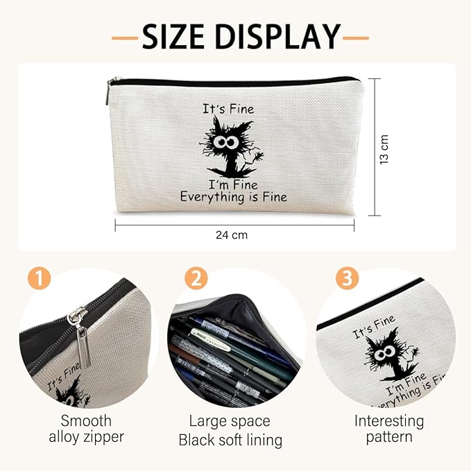 Black Cat Makeup Bag,Black Cat Gifts It's Fine I'm Fine Everything is Fine Funny Cat Cosmetic Bag Zipper Travel Toiletry Bag Best Gift Idea for Cat Lovers Teen Girls,Cat Moms Gifts