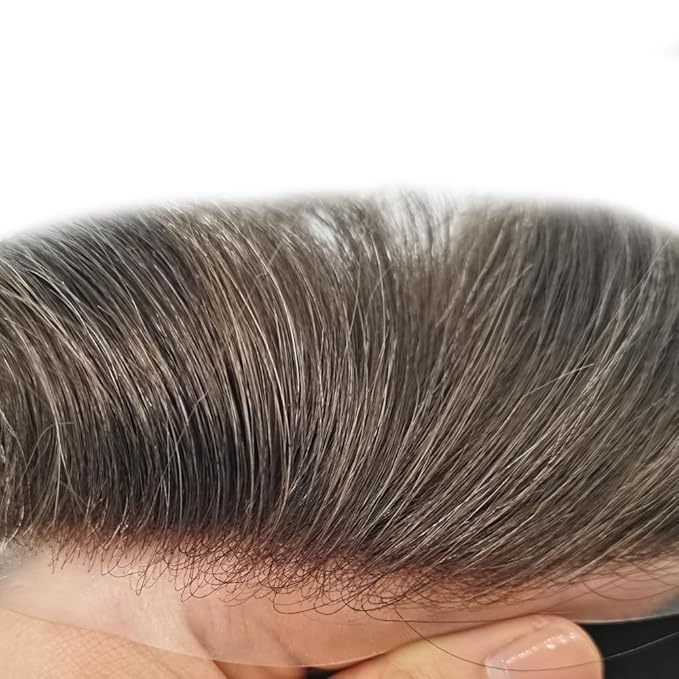 FACE MIRACLE Mens Toupee Lace Front Hairpieces Soft Human Hair Replacement System Natural Hairline Toupee for Men French Lace Poly V-Looped 8"X10" #410 4# MEDIUM BROWN WITH 10% SYNTHETIC GREY