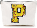 Softball Gifts Initial Monogrammed Cosmetic Bag Yellow Letter P Zipper Pouch for Girls Women Softball Player Coach Friend Graduation Birthday Gifts