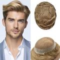 Toupee for Men French Lace Human Hair Replacement Systems Lace Center with Poly Around Hair Piece Mens Toupee Hair Units for Man V-Looped Front Male Hair Units 6"X9" 17R#BROWN/BLONDE MIX WARM TONE