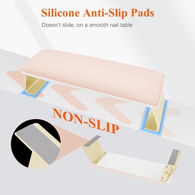 Erasable Arm Rest for Nails Tech, Luxury Nail Arm Rest Pink Manicure Hand Rest for Nails Tech with Non-Slip Aluminum Alloy Legs, Cleanable Technology Leather