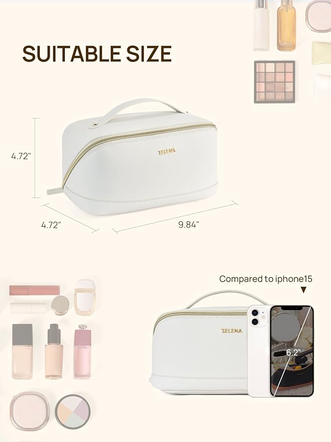 Telena Leather Make Up Bag Portable Travel Makeup Bag Waterproof Cosmetic Bags for Women Large Capacity With Handle and Divider Open Flat