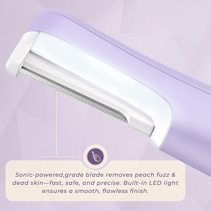 Dermaplane Razor for Women Face, WLU Rechargeable Face Dermaplaning Tool – Peach Fuzz, Facial Hair & Exfoliation Removal, Sonic Technology with LED Light, 3 Speeds & 10 Blades (Purple)