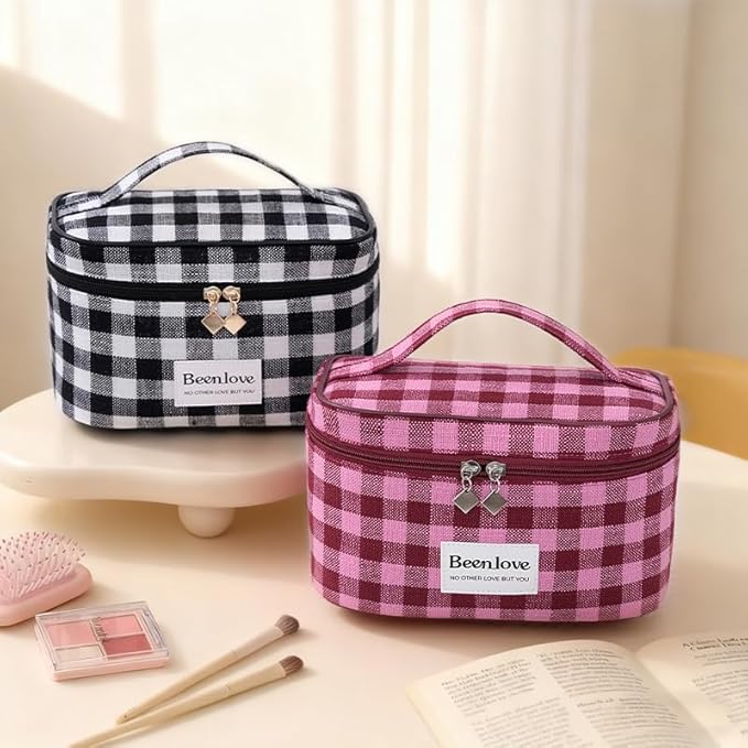 FAELBATY Makeup Bag Large Checkered Fabric Toiletry Organizer Bag for Women Girls (Rose Red)