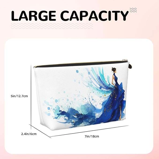 Womens Leather Makeup Bag Cosmetic Bag Travel Toiletry Bags Make Up Bags for Women Adult (Elegant Blue Lady)