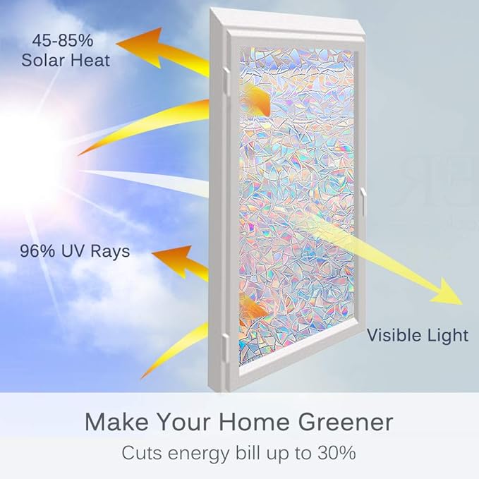 Volcanics Window Privacy Film with Installation Tools, Static Window Clings Vinyl 3D Decals Stickers Rainbow Window Film for Glass Door Home Heat Control Anti UV 29.5 x 157.4 Inches