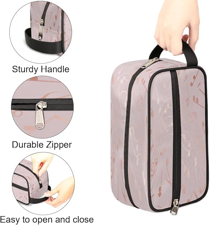 Modern Rose Gold Music Note Travel Toiletry Bag for Women Men Lightweight Cosmetic Makeup Bag Organizer Waterproof Shaving Bag Dopp Kit with Large Capacity for Toiletries and Shaving Accessories