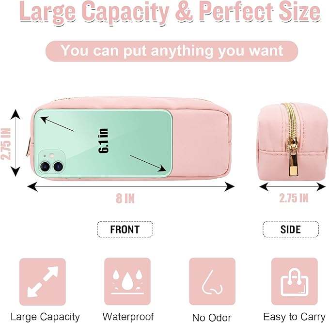 Nylon Slim Makeup Bag, Preppy Cute Makeup Brush Bag Pink Makeup Organizer for Women Men Girls - Waterproof Travel Toiletry Cosmetic Zipper Pouch