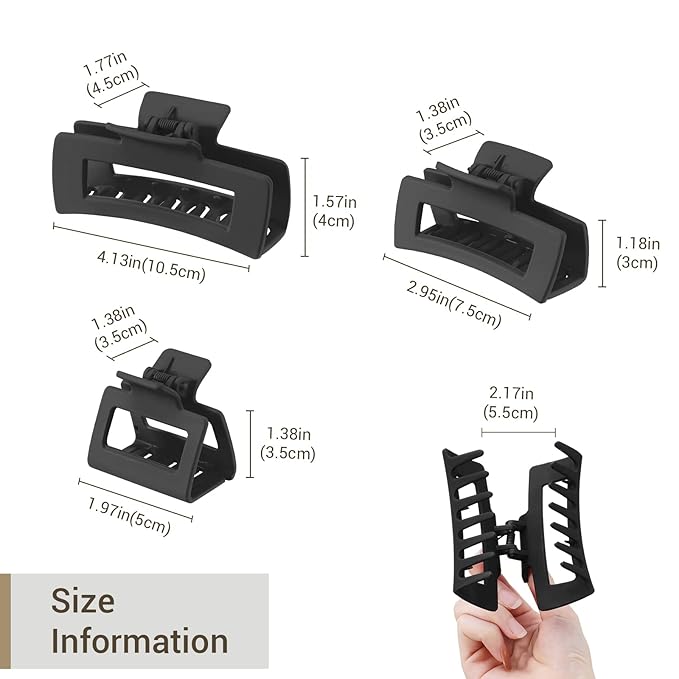 Shinowa 3 Pack Hair Claw Clips, Square Rectangular Claw Hair Clips for Women Girls, Non-slip Matte Large Medium Small Hair Clips, Strong Hold Jaw Clip for Thick Thin Hair, Black