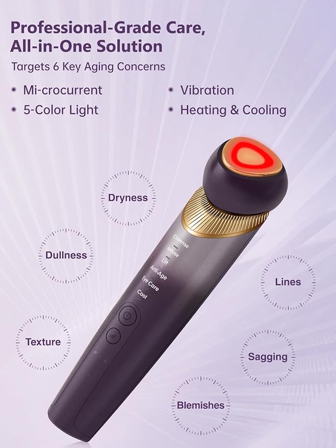 6-in-1 Age-Defying - Eye, Face & Neck Lift & Firm, 5-Color Light Therapy for Face with Microcurrent, Vibration, Heat & Cooling, Skin Care Tool for Youthful & Tightening Skin,Purple