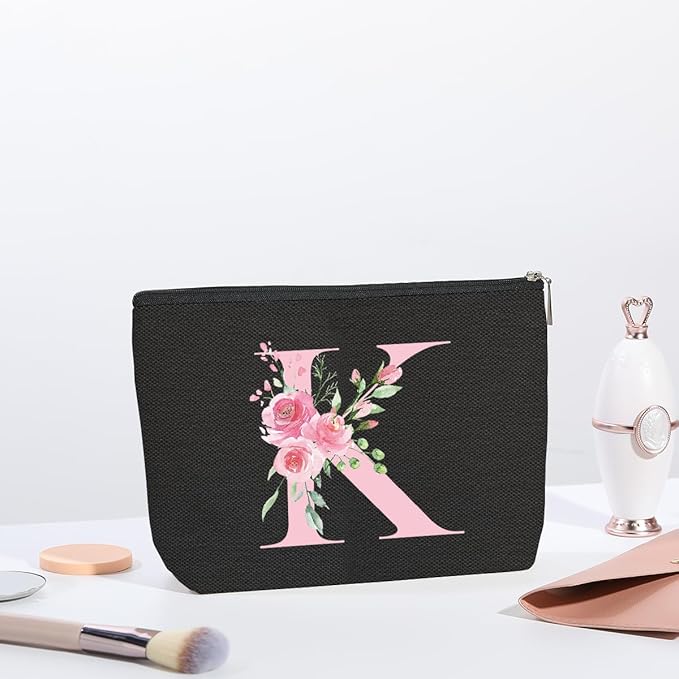 A-Z Personalized Cosmetic Bag Monogrammed Makeup Bags Bridesmaid Gifts Custom Toiletry Pouch Gifts for Women Mom Best Friend Sister Bride Bridesmaid (K)