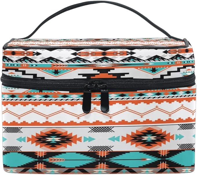 AUUXVA Travel Cosmetic Bag Ethnic Geometric Chevron Aztec Makeup Bag Large Organizer Portable Toiletry Bag Storage Train Case Zipper Brush Bag for Women and Girls