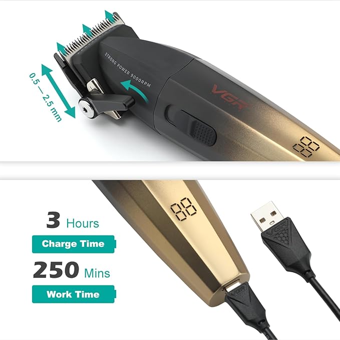 VGR 003 Fresh Fade Hair Clipper, Professional Hair Trimmer, Cord/Cordless Rechargeable Hair Cutting Tools with LED Display, 9000 RPM Barber Clippers, Gold
