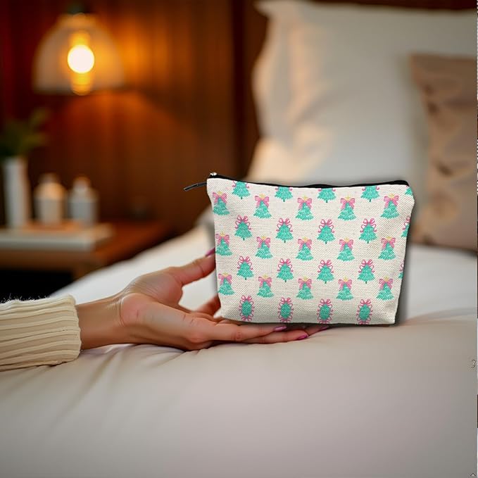 Coquette Pink Bow Christmas Tree Makeup Bag, Preppy Mint Green Christmas Tree Cosmetic Bags Gifts for Women, Girly Xmas Portable Travel Toiletry Bag Zipper Makeup Pouch