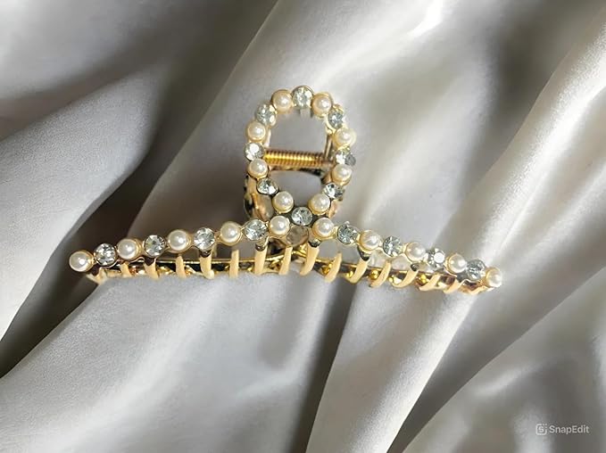 2 Pack Large Metal Hair Claw Clips with Pearls 4.3 Inch - Gold Hair Accessories for Women's Thick Hair Styling, Strong Hold, and Fashion