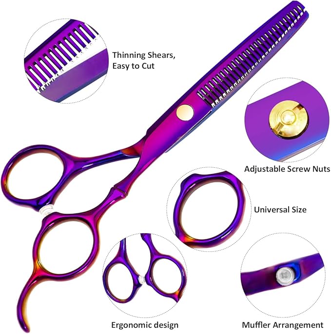 Professional Hair Cutting Scissors Sets Stainless Steel Barber Hairdressing Scissors Multifunctional Salon Thinning Scissors Straight Shears Tools Gifts for Mom Dad Friends (Purple)
