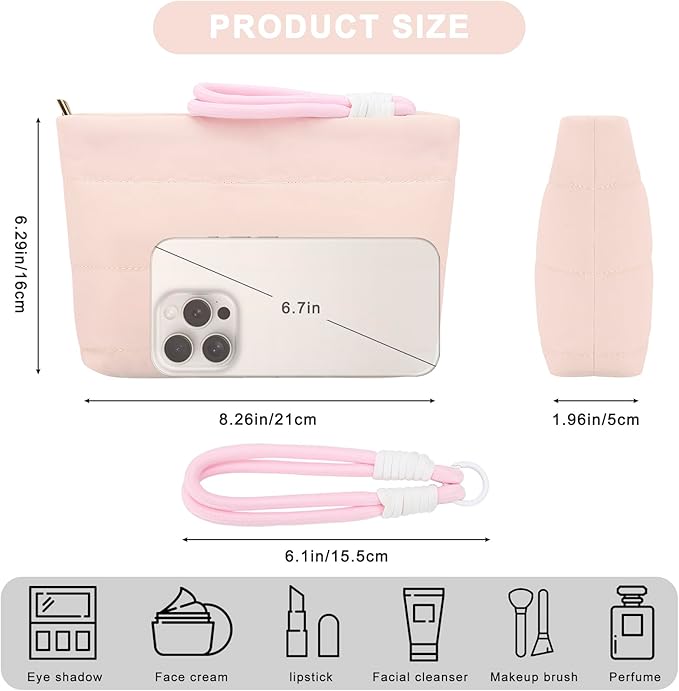 DOB SECHS Quilted Makeup Bag with Handle Detachable Cute Puffy Cotton Cosmetic Bags for Women, Small Puffer Toiletry Zipper Make Up Pouch, Quilt Clutch Bag Travel Organizer Storage Pouches Case, Pink