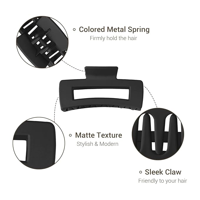 Shinowa 3 Pack Hair Claw Clips, Square Rectangular Claw Hair Clips for Women Girls, Non-slip Matte Large Medium Small Hair Clips, Strong Hold Jaw Clip for Thick Thin Hair, Black