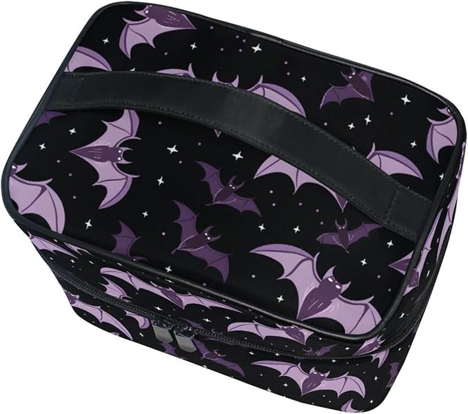 Makeup Train Case Halloween Purple Bats Carrying Portable Zip Travel Cosmetic Brush Bag Organizer Large for Women