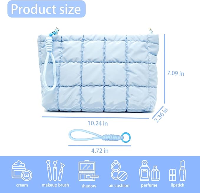 Puffer Quilted Makeup Bag Travel Cosmetic Bag Portable Puffy Checkered Toiletry Pouch Skincare Organizer Purse Pencil Case (Sky Blue)