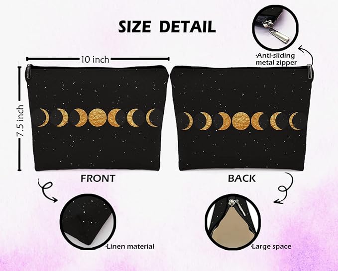 Abstract Boho Minimalist Moon Phases Cosmetic Bag, Mid Century Bohemian Modern Art Makeup Bag Zipper Cosmetic Pouch Bag Travel Linen Makeup Organizer, Boho Gifts for Women Teen Girls Her Teens
