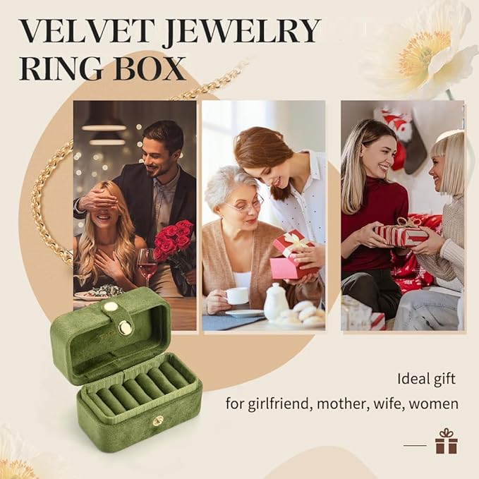 Travel Jewelry Case, Portable Pocket Size Small Plush Velvet Ring Box for Women, Mini Ring Holder and Organizer with 7 slots for purse(Avocado Green)