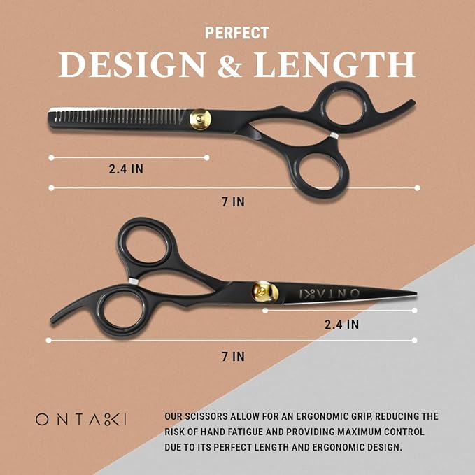 Ontaki Hair Cutting & Thinning Japanese Steel Shears Kit - 7-Inch, Black - Professional Hair Shears - Stainless Steel Thinning Scissors - Barber Scissors Kit with Comb & Pouch