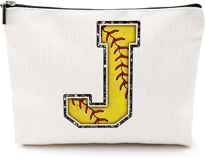 Initial Makeup Bag Monogrammed Cosmetic Bag Letter J Zipper Pouch Softball Accessories for Girls Women Player Coach Friend Graduation Birthday Gifts
