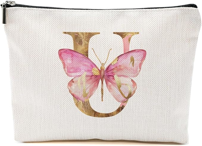 Initial Makeup Bag Pink Butterfly U Personalized Cosmetic Bag Monogrammed Gifts for Women Girls Friend Bestie Monogram Zipper Pouch for Friendship Mothers Day Birthday Wedding Bridal Shower Gifts