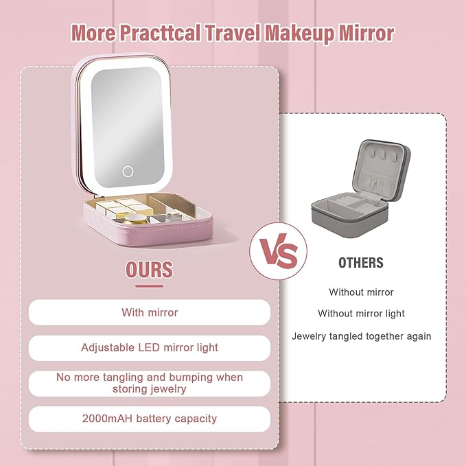 LiveGo 3-Color LED Travel Jewelry Case and Makeup Bag with Mirror, Dust-Proof Jewelry Box, 10 Sealed Jewelry Bags - Compact Cosmetic Mirror Case for Women Girls Travel Essentials (Pink)