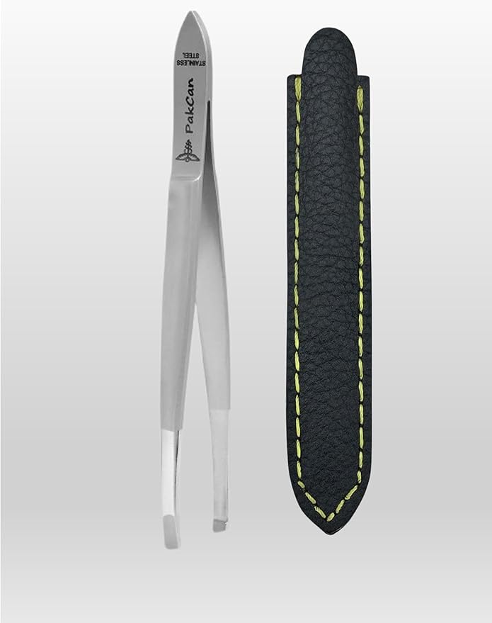 German Premium Slanted Tweezers in Leather Case - German Steel Hair Removal Tool for Eyebrows, Face & Ingrown Hairs – Hand-Finished, Ultra-Grip Tips, Premium Leather Case – Professional Salon Quality