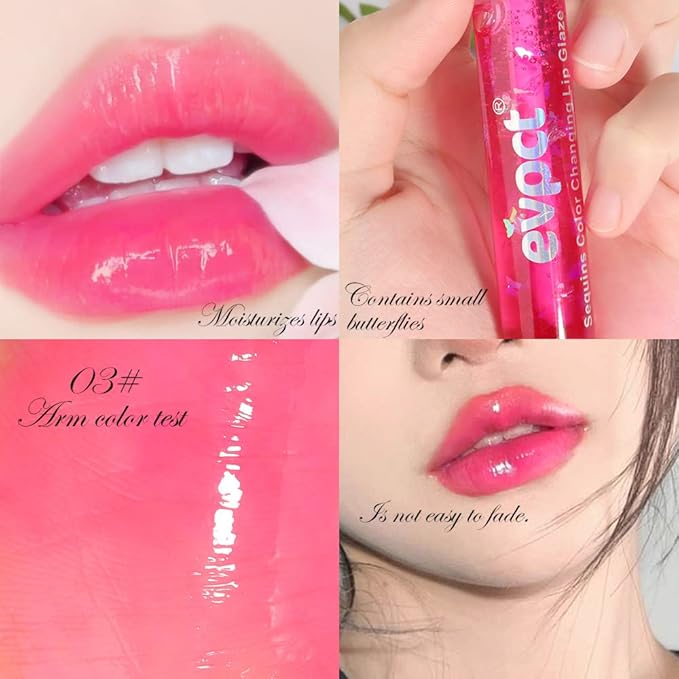evpct 3Pcs Clear Color Changing PH Tinted Lip Gloss Sets for Women, Pink Mood Lip Oil Gloss Balm Tint Stain Glaze Pack Hydrating 0.34 fl.oz *3