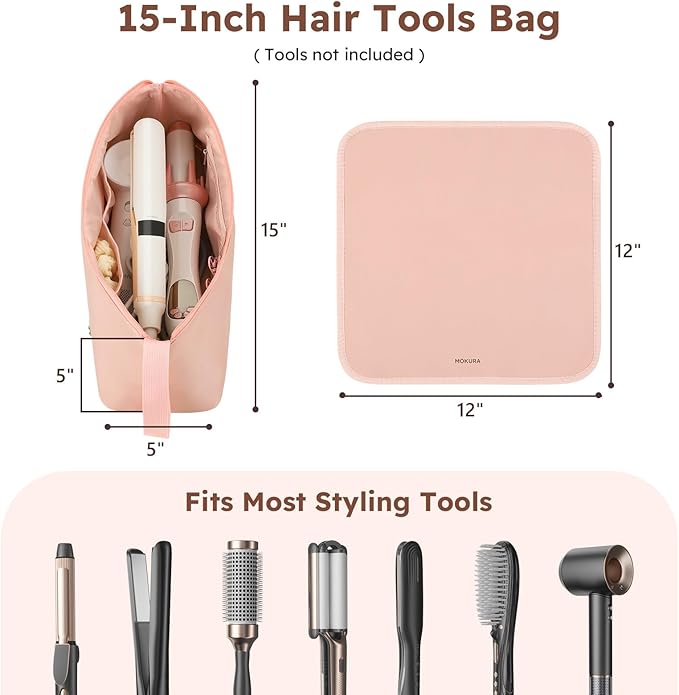 MOKURA Hot Hair Tools Travel Bag with Heat Resistant Mat, Women Hair Accessories Organizer Case, Storage Pouch for Curling Iron Straightener Flat Iron, Stocking Stuffers for Women, Gifts for Mom, Pink