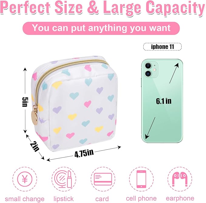 Nylon Mini Preppy Cute Makeup Bag - White Heart: Waterproof Zipper Pouch for Travel, Storage - Small Cosmetic Purse Organizer