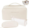 3 Pcs Travel Makeup Bag Portable Large Capacity Cosmetic Bags for Women Open Flat Makeup Case Organizer Bag Set of 3 Waterproof PU Leather Toiletry Bags with Divider and Handle (White, Medium)