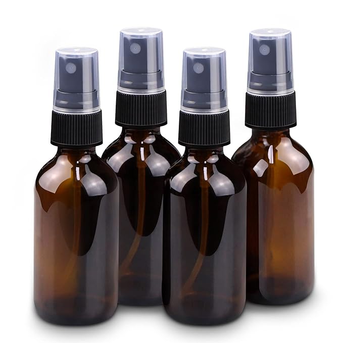 Wedama 2 oz Mini Glass Spray Bottles, Empty Small Spray Bottles with Funnel Dropper, Fine Mist for Hair, Travel, Plants, Cleaning Solutions and Skin Care (4 Pack Amber)