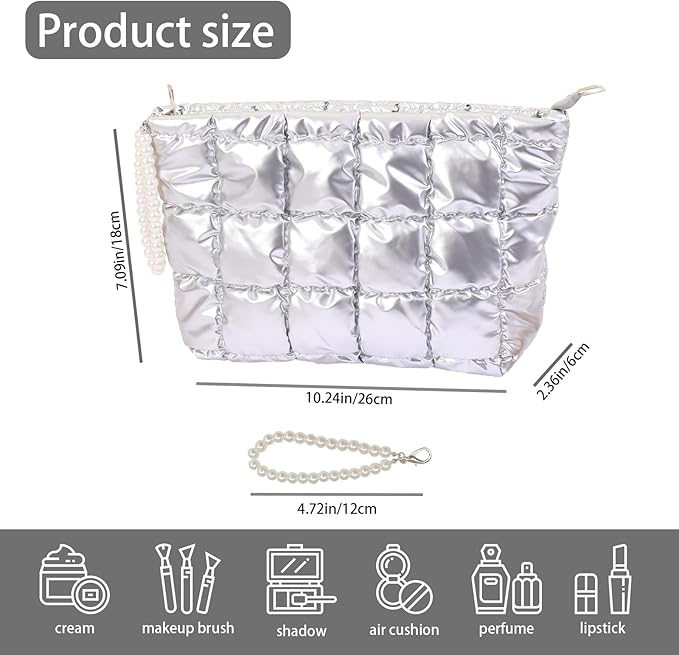 Puffer Quilted Makeup Bag Travel Cosmetic Bag Portable Puffy Checkered Toiletry Pouch Skincare Organizer Purse Pencil Case (Silver)