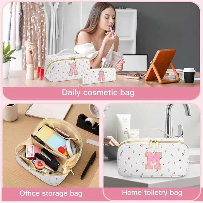 Personalized Travel Makeup Bag Set,Initial Travel Cute Cherry Makeup Organizer Bag,Toiletry Skincare Cosmetic Bag,Christmas Gifts for Women/Girls,Open Flat Toiletry Pouch with Brush Pocket-Z