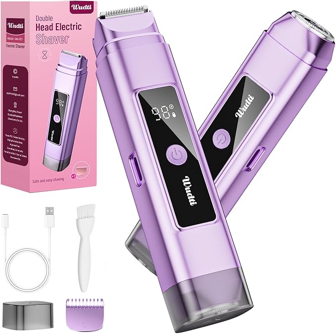 Electric Bikini Trimmer for Women: Razor & Shaver with Dual Heads for Body Pubic Hair, IPX7 Waterproof with LED Display - Rechargeable Lady Trimmer for Underarm Body Leg Face - Purple