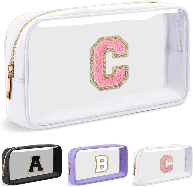 Personalized Initial Letter Clear Makeup Bag,Preppy Small Nylon&PVC Cosmetic Zipper Bag with Chenille Letter,Travel Skincare Toiletry Bag,Monogram Christmas Gift for Teen Girls Women,C