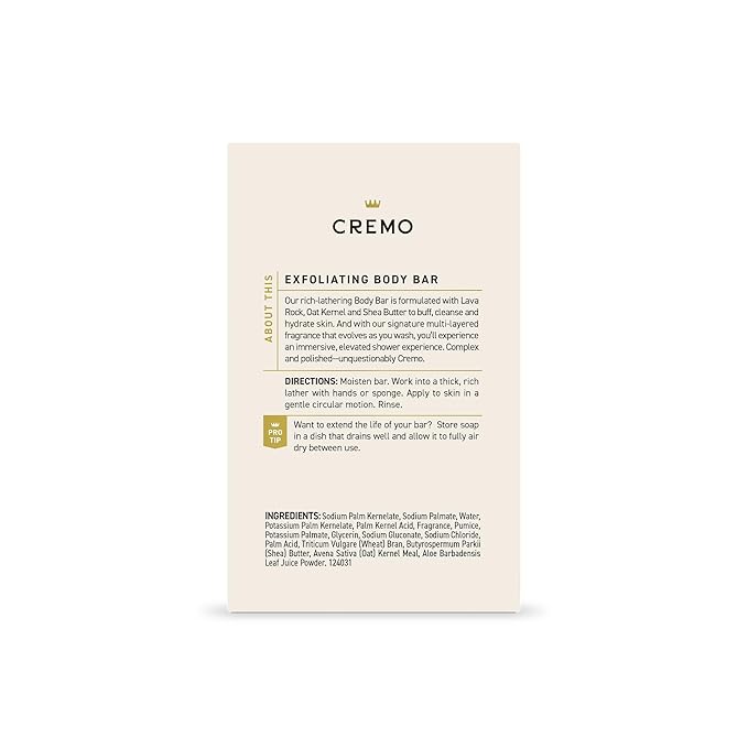 Cremo Exfoliating Body Bar for Men, Italian Bergamot Scent, Multi-Layered Fragrance That Buffs, Cleanses and Hydrates Skin, 5oz