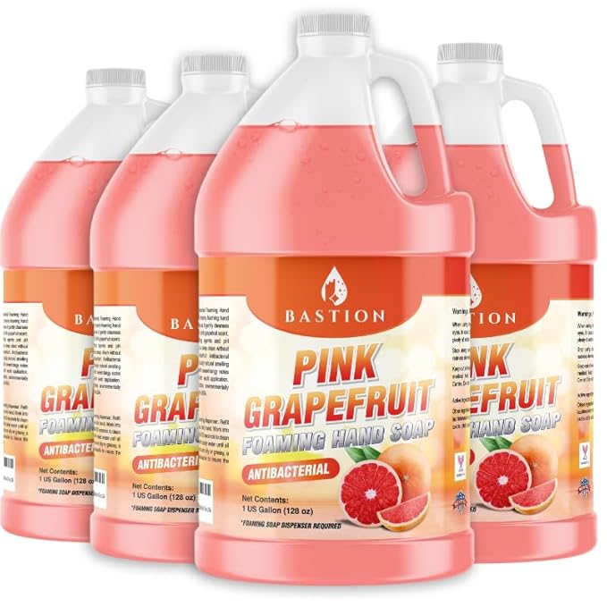 Bastion Pink Grapefruit Antibacterial Foaming Hand Soap Refill – Case of 4 Gallons (512 oz) – Bulk Moisturizing Hand Wash for Home, Office, Restaurants & Commercial Use – pH-Balanced, Gentle on Skin