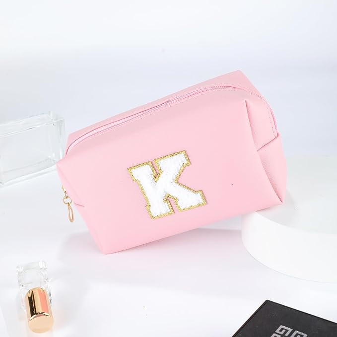 MSQ Personalized Makeup Bag Initial A-Z Patch Bag, PU Leather Cosmetic Bag Pouch Travel Toiletry Bag with Zipper, Gift Ideal for Teen Girls Friend Mom Women Birthday(Pink K)