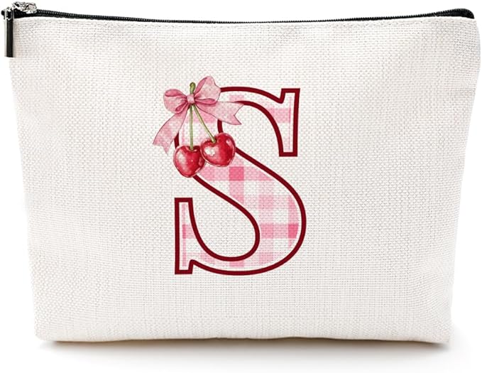 Initial Makeup Bag Monogram Cosmetic Bag Monogrammed Gifts for Women Girls Friends Coworker Colleague Personalized Travel Toiletry Bag Christmas Bridal Shower Wedding Bridesmaid Gifts, Cherry S