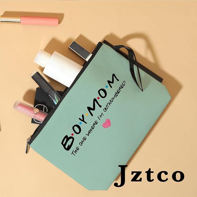 Jztco Boy Mama Makeup Bag, Baby Shower Gifts for Mom First Time, Christmas Birthday Unique Cosmetic Bag Funny Mothers Day, New Mom Gifts - Boy Mama The One Where I'm Outnumbered, Green