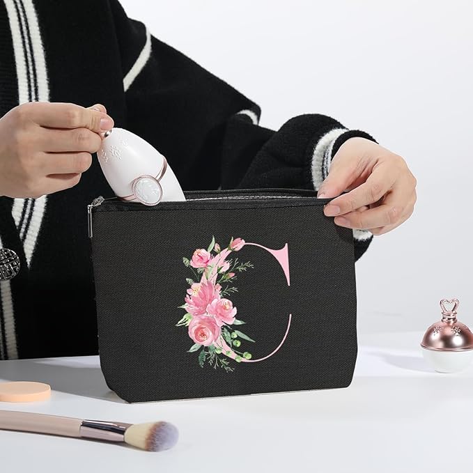 A-Z Personalized Cosmetic Bag Monogrammed Makeup Bags Bridesmaid Gifts Custom Toiletry Pouch Gifts for Women Mom Best Friend Sister Bride Bridesmaid (C)