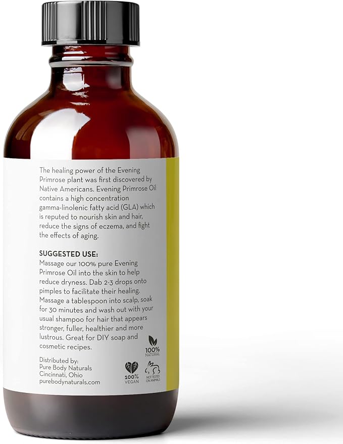 Pure Body Naturals Evening Primrose Oil - Liquid, not Capsules - for Face, Skin and Hair, 4 fl oz